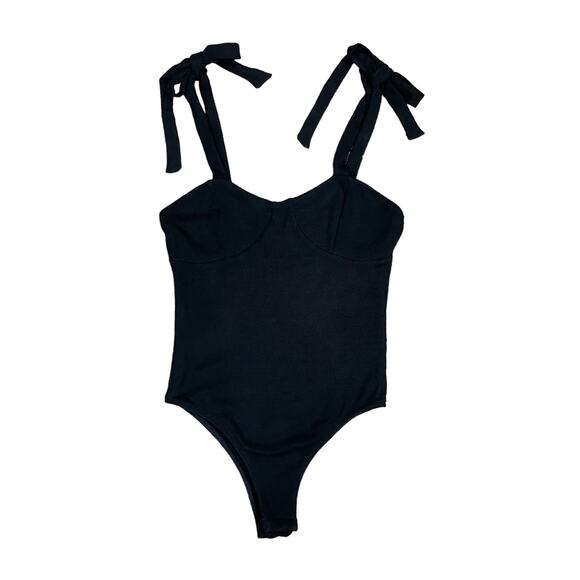 Gianni Bini | Arissa Black Ribbed Knit Tie Strap Cheeky Bodysuit - Picture 3 of 12